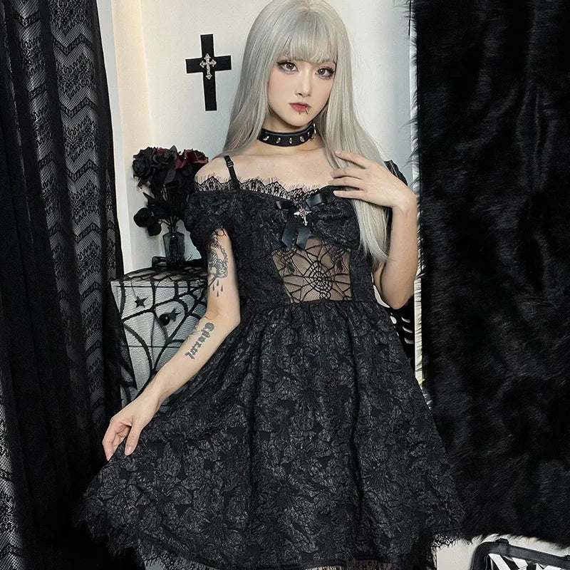 Gothica Lace Short Dress Women Cobweb Patchwork Short Sleeve Cold Shoulder Halloween Outfit Horror Ruffle Trim Costume