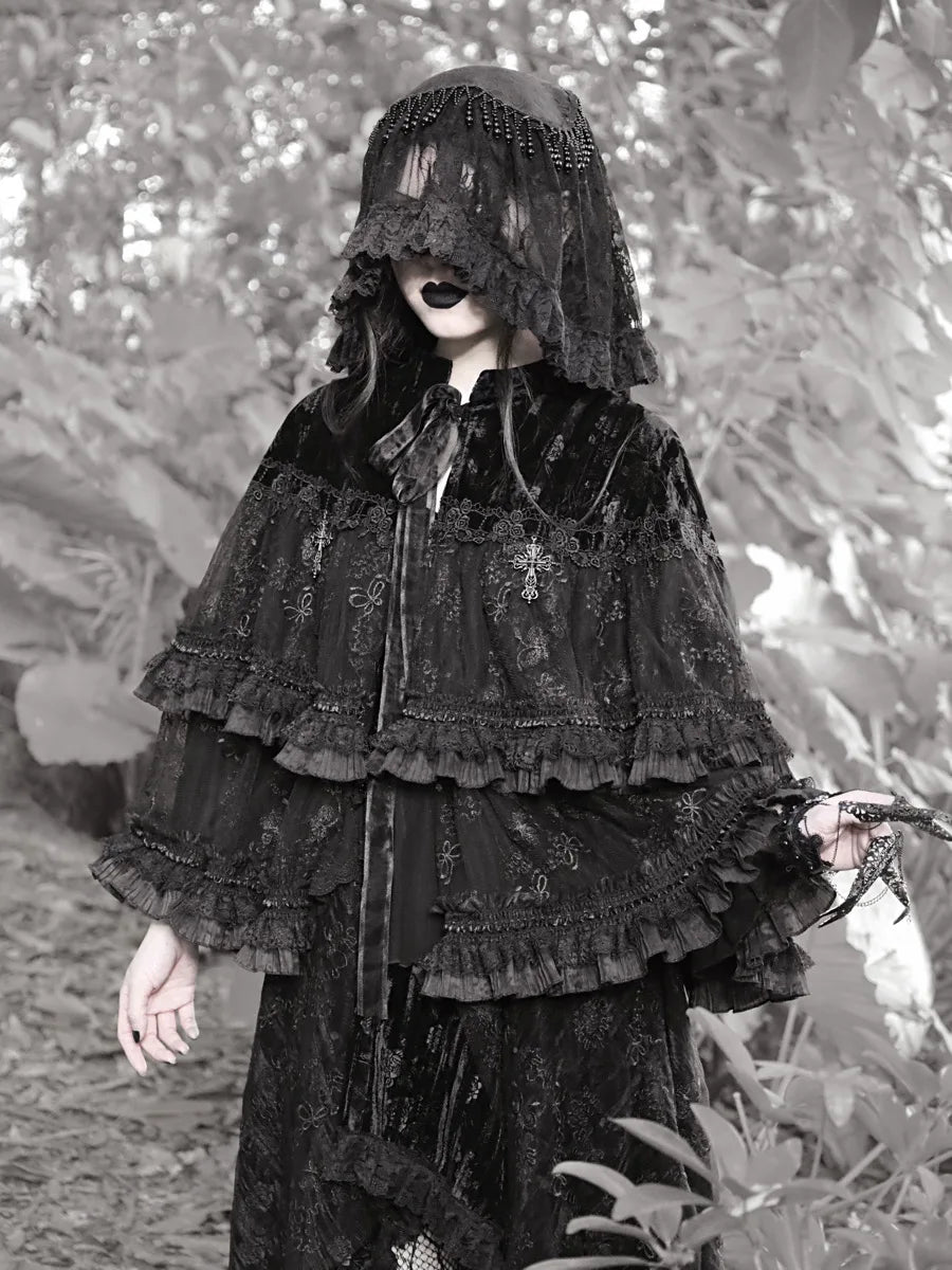 The Gothica Classical Noir Headdress | Heavy Lace Covering & Dark Veil Headband | Gothic Novelty Hairband | Parisian Princess