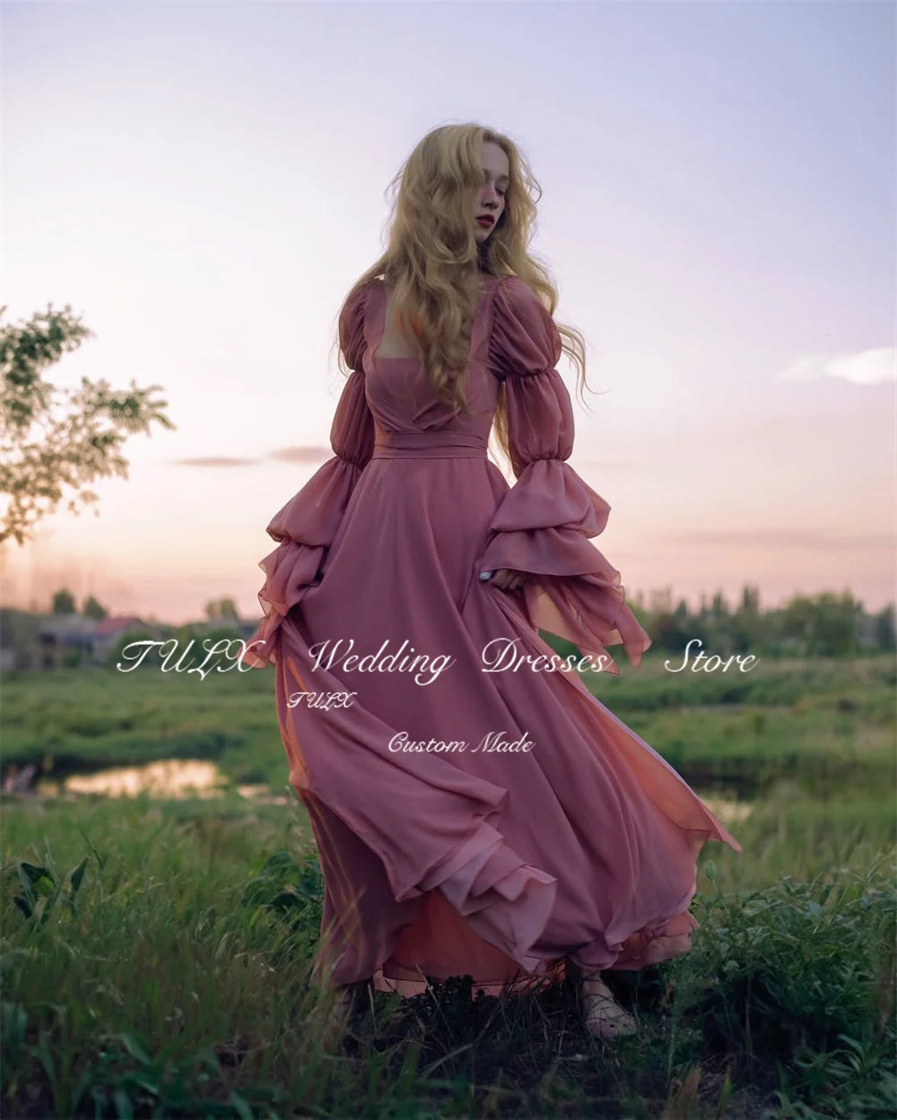 The Versailles Fairy Chiffon Gown | Square Collar Long Sleeve Maxi | Candy Color Formal Dress | Parisian Princess