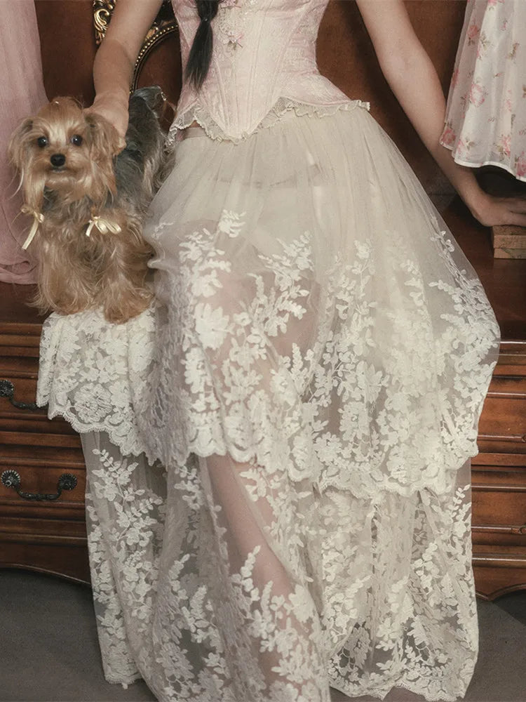 The Rosebud Versailles Lace Set | Pink Bustier & Shimmer Beige Maxi Skirt | Embroidered Two-Piece Gown | Parisian Princess
