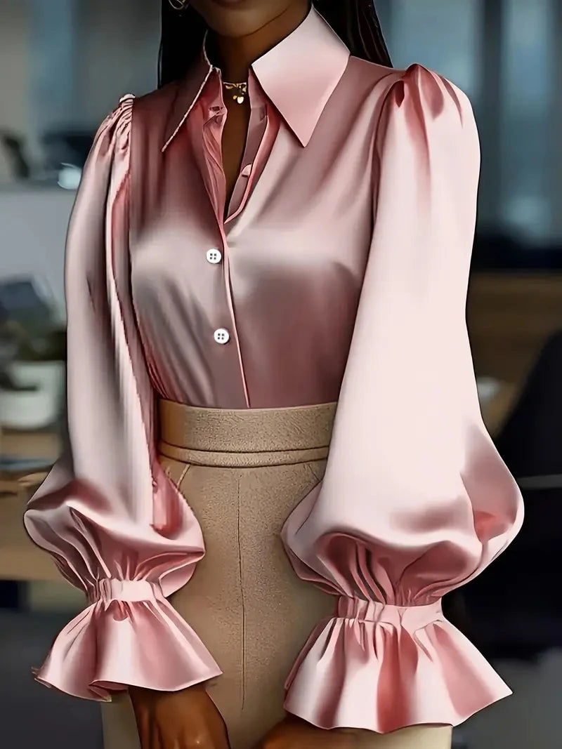 The Parisian Executive Satin Blouse | Ruffled Cuff Button-Down | Chic Office & Casual Silk-Touch Top | Parisian Princess