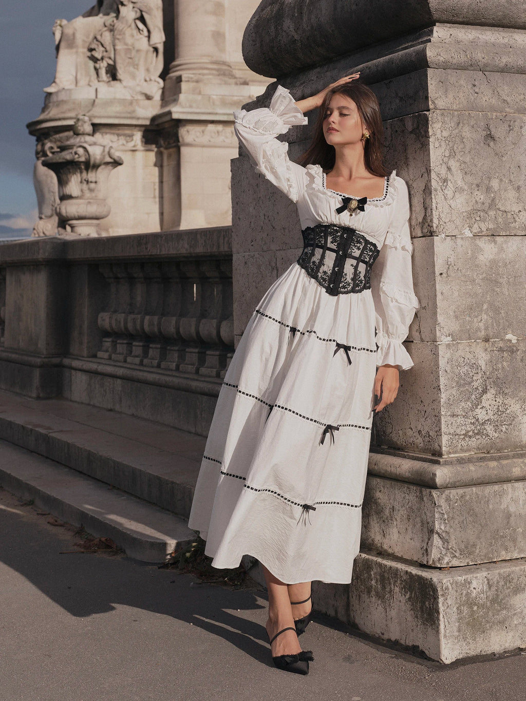 Gothica Parisian Fall White Maxi Dress Women Vintage Elegant Slim Lace Collar Long Sleeve French Halloween Dress