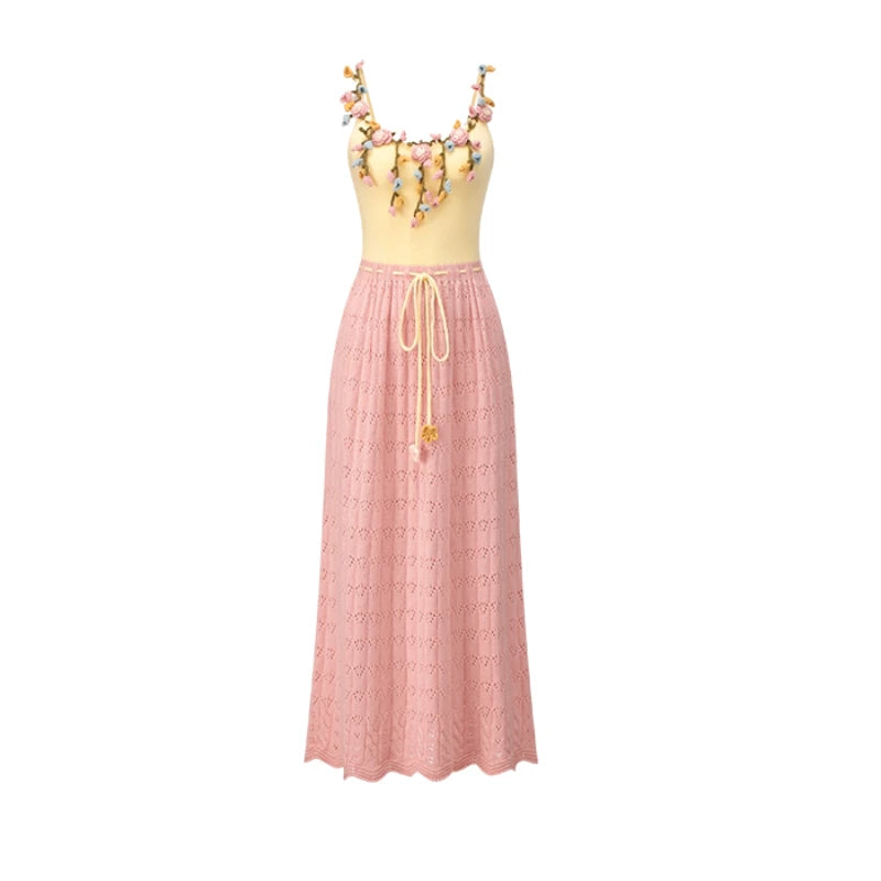 The French Pastoral Crochet Gown | Elegant Handmade Knitted Long Dress | Luxury Floral Fit &amp; Flare Midi | Parisian Princess