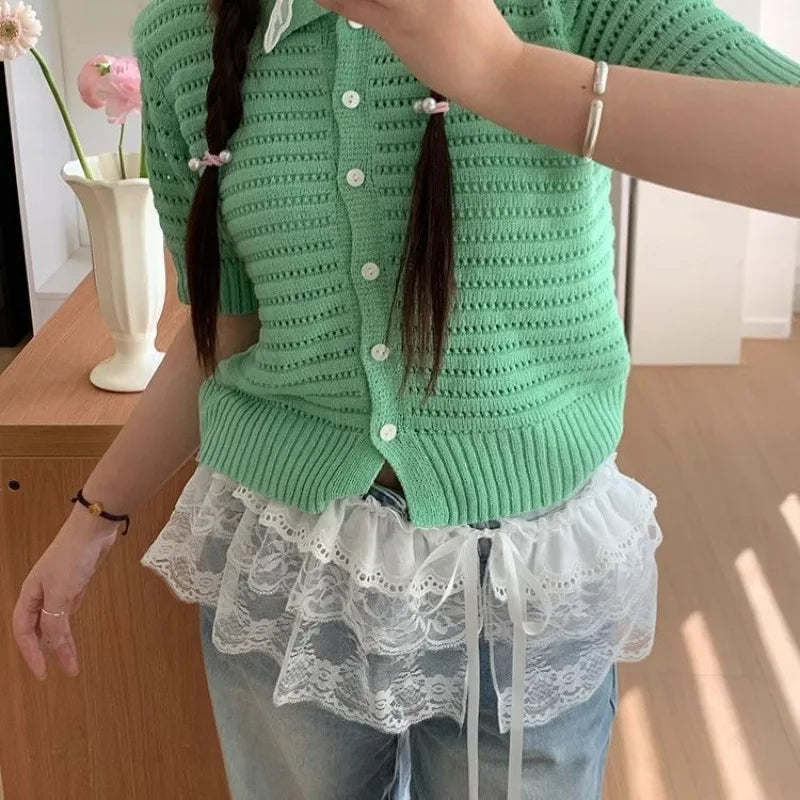 Lace Mini Skirts Women Elegant Sweet Lolita Short Skirts High Waist Ruffle Skirts Lace Trim Butt Curtain Skirt