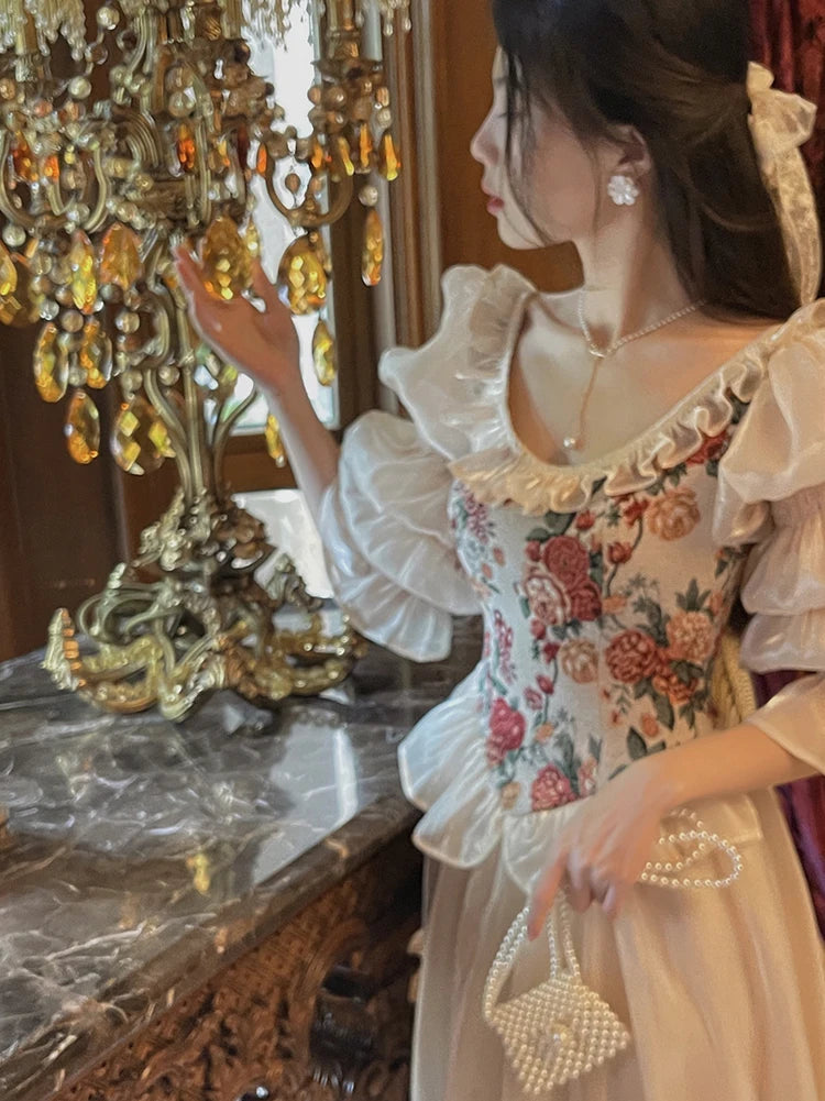 The Trianon Fairy Midi | Vintage Floral Puff Sleeve Prom Dress | Elegant Luxury Print Summer Gown | Parisian Princess