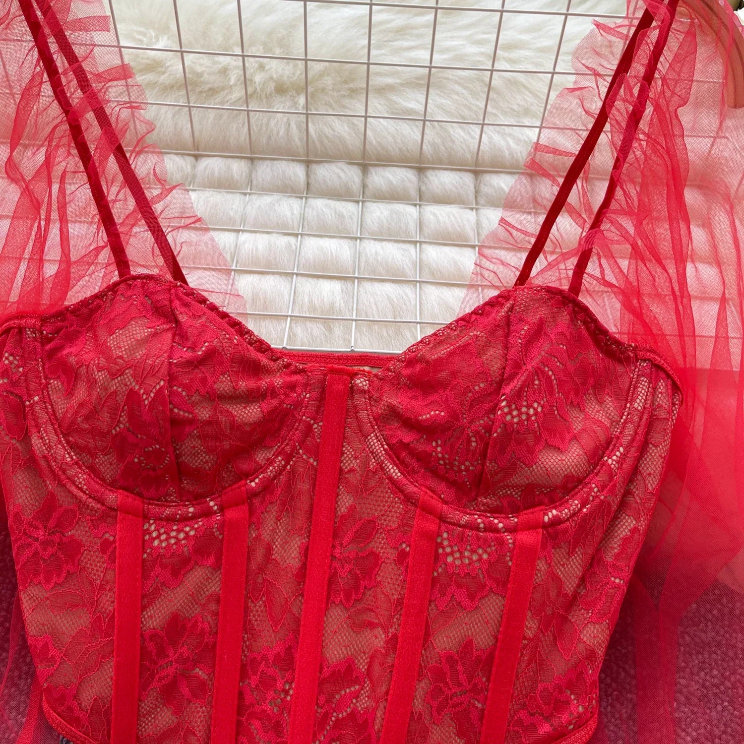 Women Chic Lace Mesh Sheer  Long Sleeve Backless Crop Top Solid Slim Parisian French Fashion Summer Women Shirt Square Collar