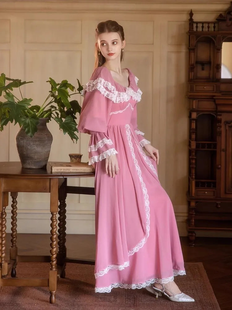 Parisian Maxi Dresses For Women Vintage Elegant Slim Sexy Lace V-Neck Long Lantern Sleeve Princess Dresses