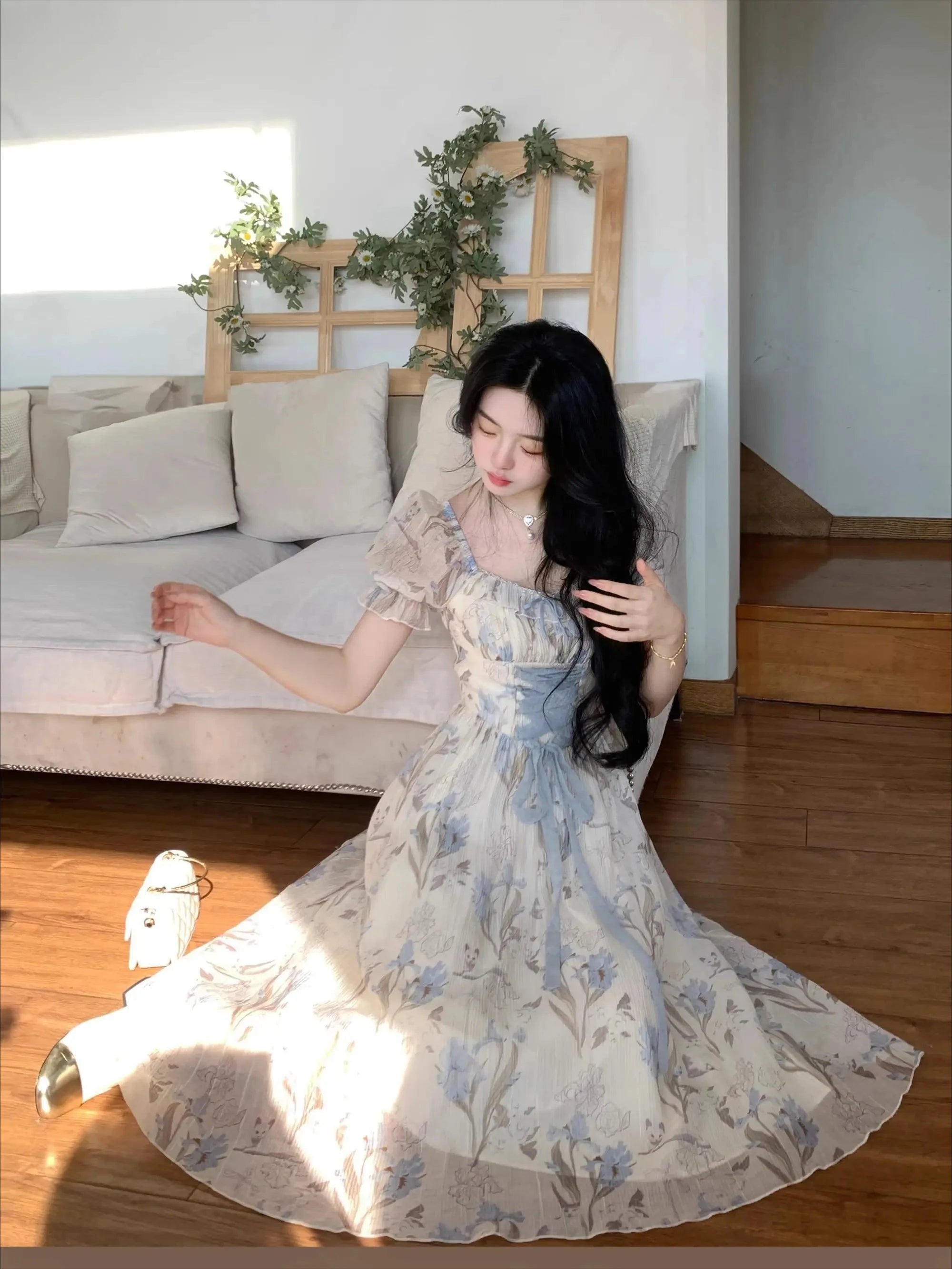 The Trianon Fairy Midi | Parisian Lace Puff Sleeve Princess Gown | Summer Fairycore A-Line Party Dress | Parisian Princess