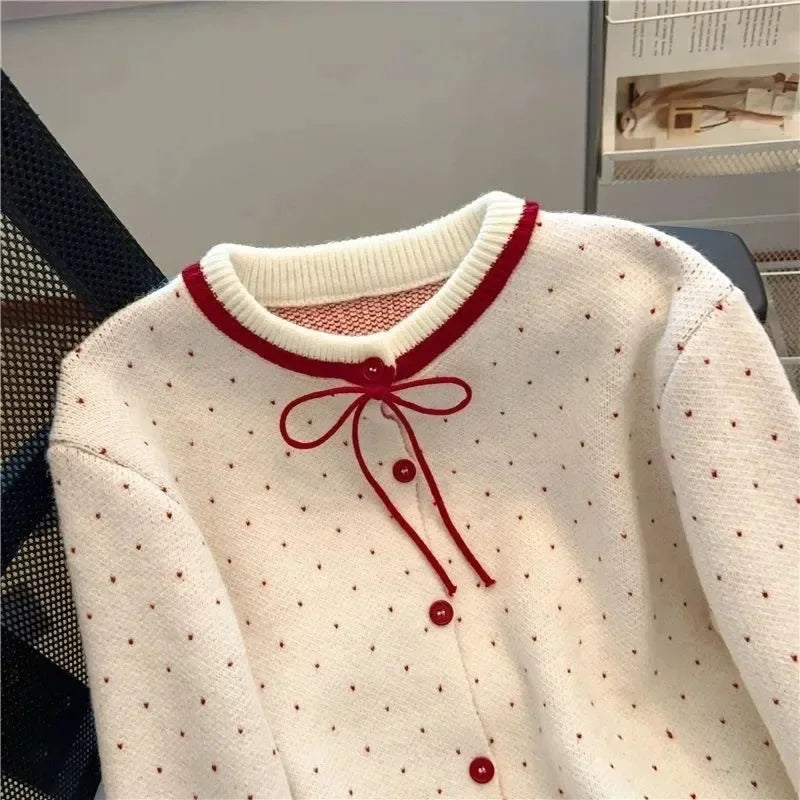 Red Polka Dot Short Knitted Sweater Coat Women's Spring Design Sense Self-Preserving Style Full Sleeve round Neck Top