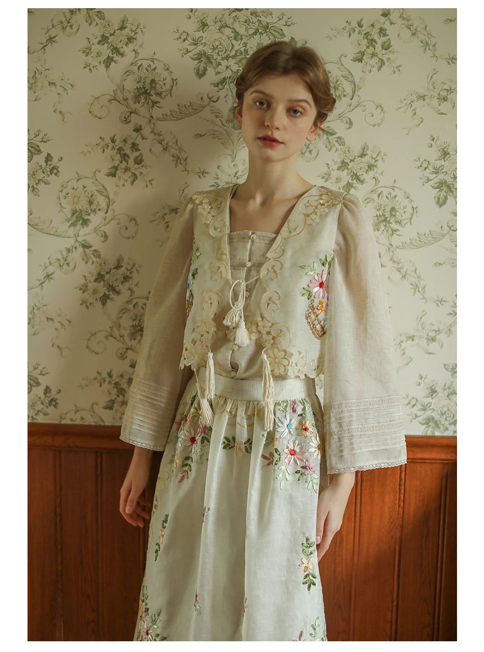 The Antoinette Tassel Embroidery Vest | French Antique Floral Cotton Gilet | Open-Stitch V-Neck | Parisian Princess