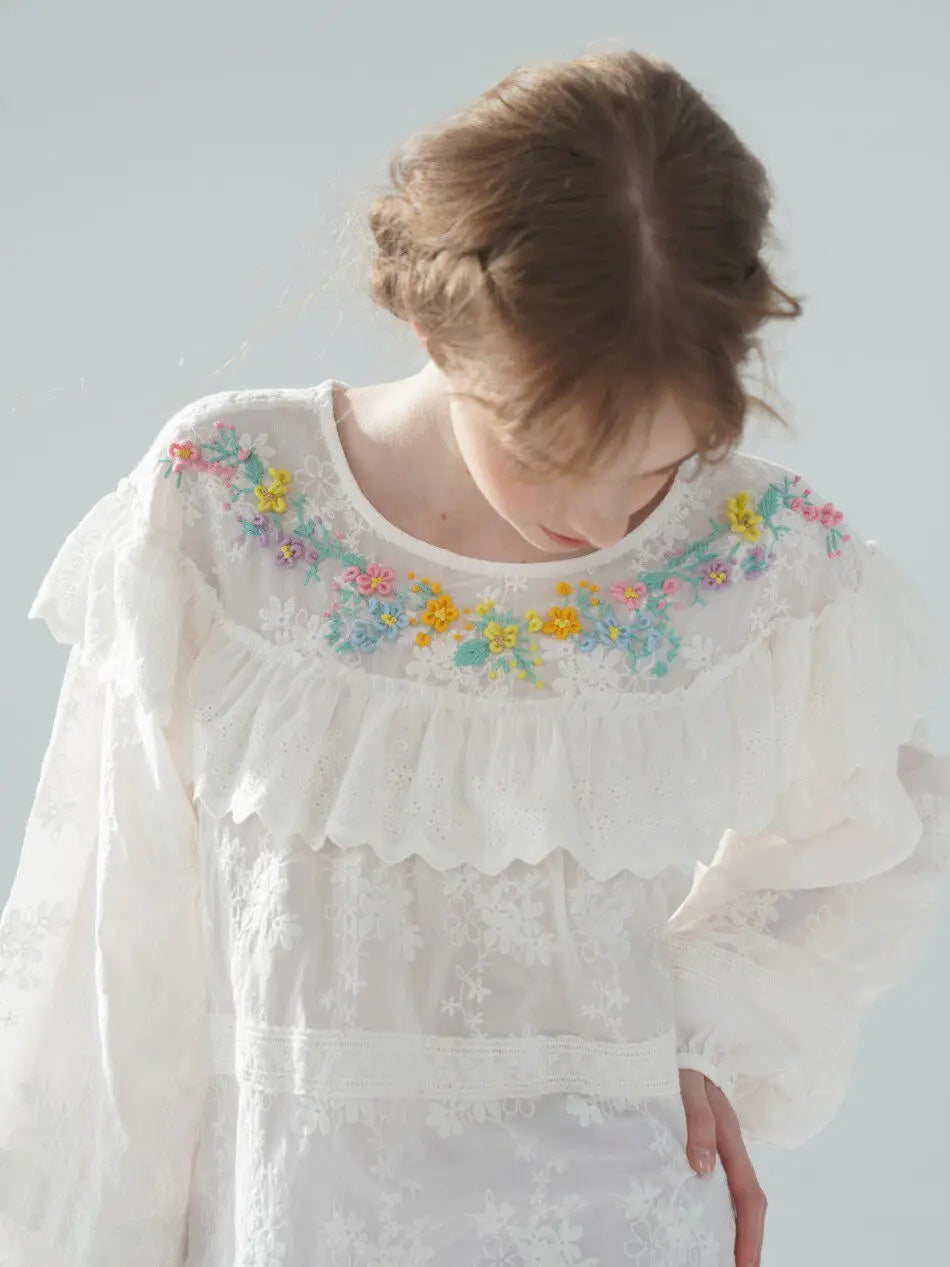 The Summer Floral Breeze Blouse | 100% Cotton Oversized White Top | Handmade 3D Embroidered Loose Lace Top | Parisian Princess