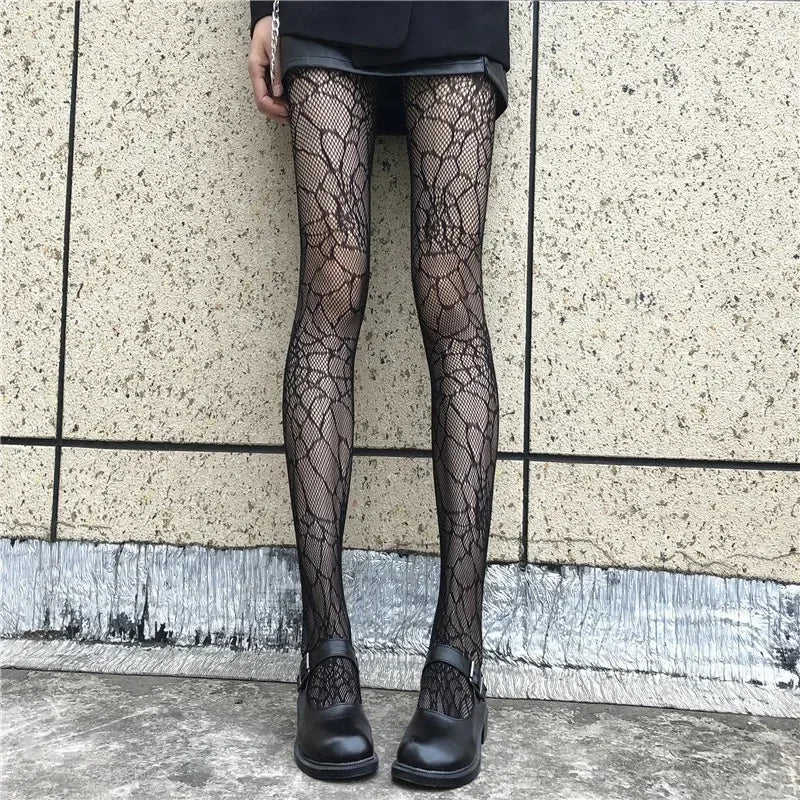 Lolita Girls Cute Heart Print Tights for Women Sexy Gothic Punk Magical Spider Web Mesh Fish Net Pantyhose Body Stockings
