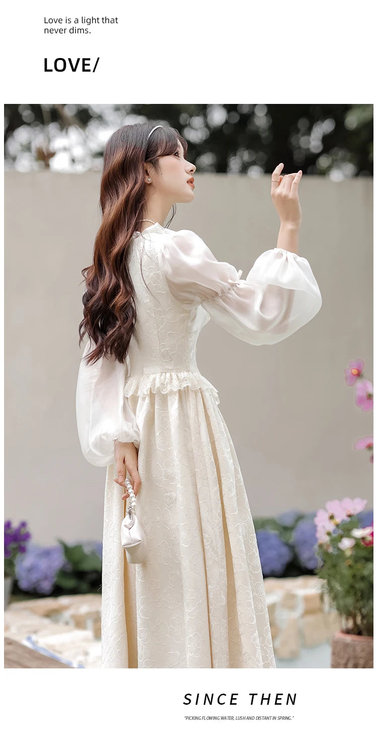 French Fairy Lantern Sleeve Midi Dress for Women Summer Elegant Retro Slim Sweet Party One Piece Dress Korean Casual Clothes
