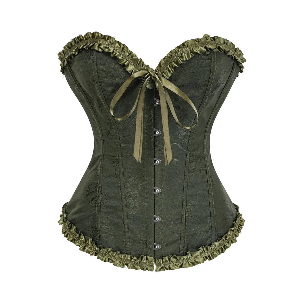Yellow Jacquard Ruffled Trim Boned Sexy Overbust Push Up Bustier Top Corset Mujer Slimming Corsets For Women Sexy Gothic Clothes