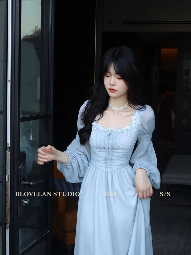 Sweet Sexy Chiffon Dress Women Fashion Slim Elegant French Dress Breathable Long Sleeve Beach Hoiliday Party Vestidos