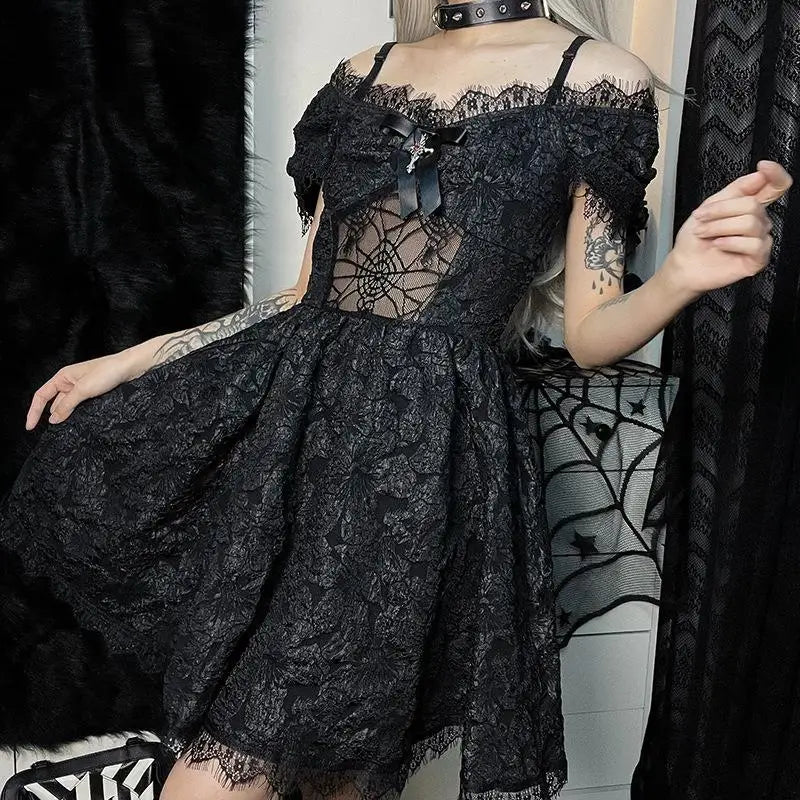 Gothica Lace Short Dress Women Cobweb Patchwork Short Sleeve Cold Shoulder Halloween Outfit Horror Ruffle Trim Costume