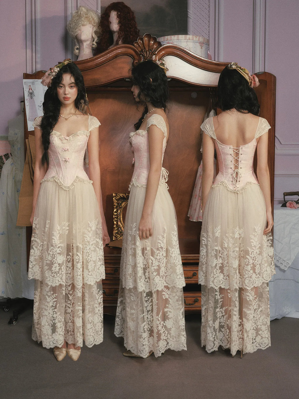 The Rosebud Versailles Lace Set | Pink Bustier & Shimmer Beige Maxi Skirt | Embroidered Two-Piece Gown | Parisian Princess