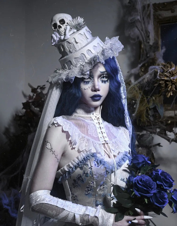 The Gothica White Gothic Dress | Zombie Bride Spine Lace Gown | Chiffon Tailed Party Dress with Cape | Parisian Princess