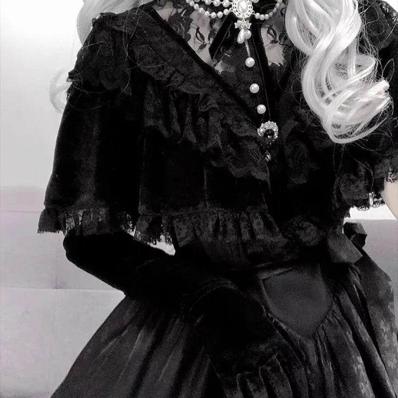 Lolita Vintage On The Run Princess Dress Court Style Lace Jacquard Slim Dress Cosplay Mesh Patchwork Harajuku Party Vestidos