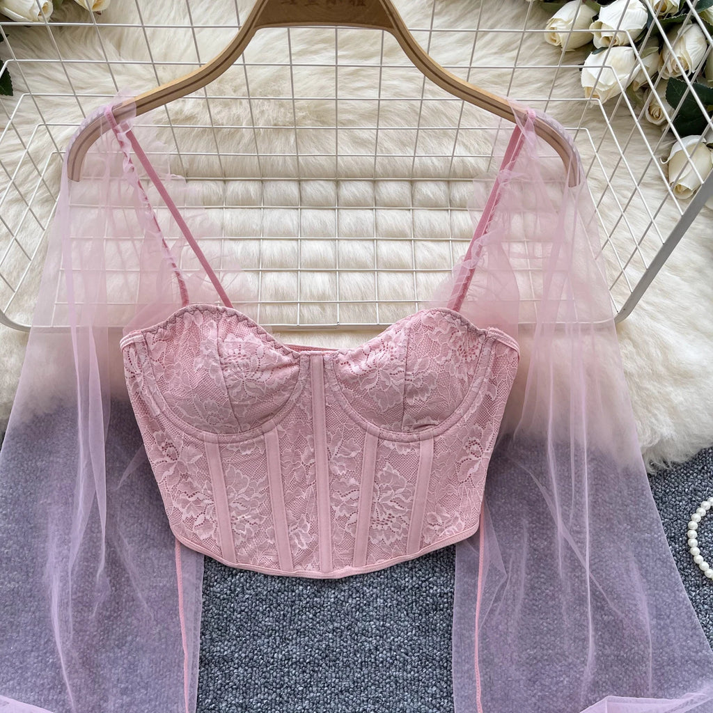 Women Chic Lace Mesh Sheer  Long Sleeve Backless Crop Top Solid Slim Parisian French Fashion Summer Women Shirt Square Collar