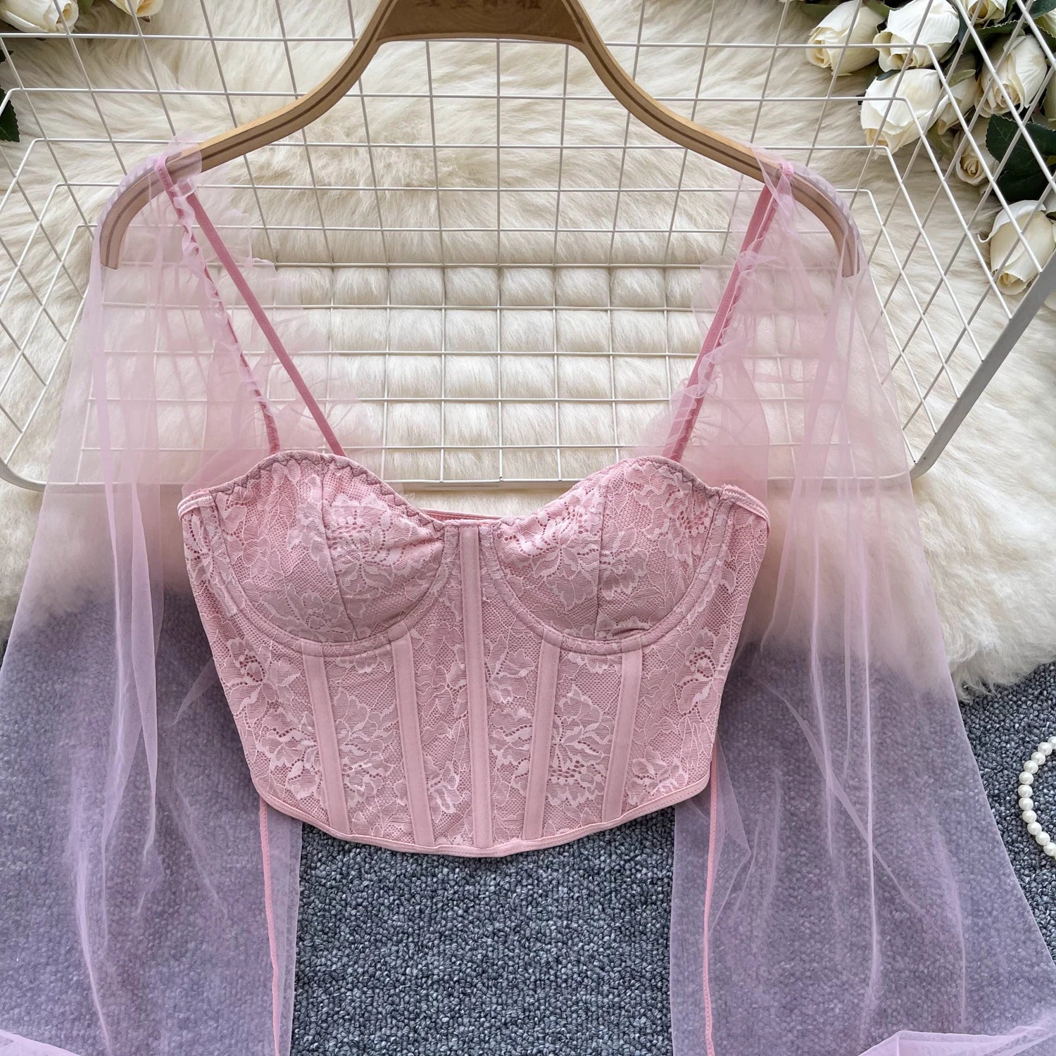 Women Chic Lace Mesh Sheer  Long Sleeve Backless Crop Top Solid Slim Parisian French Fashion Summer Women Shirt Square Collar