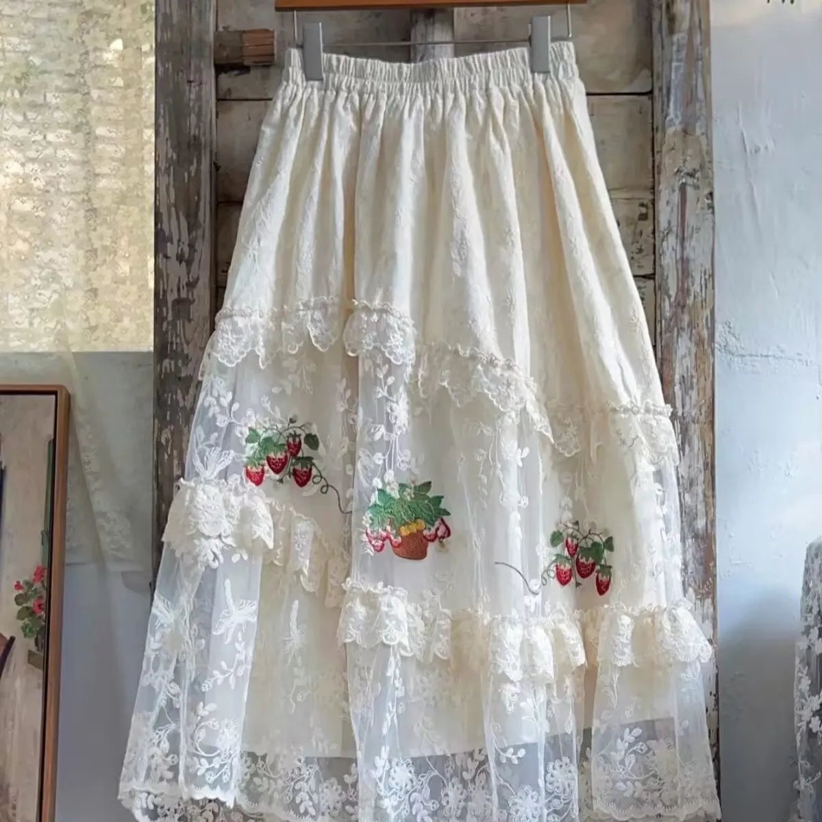 Sweet Lace Fraises Embroidery Long Skirt | French Vintage Ruffled High Waist Pleated Skirt | Parisian Ruffles Palace | Parisian Princess