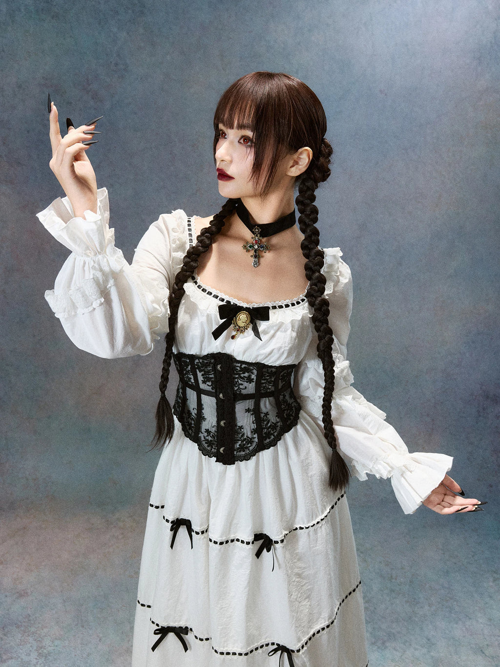 Gothica Parisian Fall White Maxi Dress Women Vintage Elegant Slim Lace Collar Long Sleeve French Halloween Dress