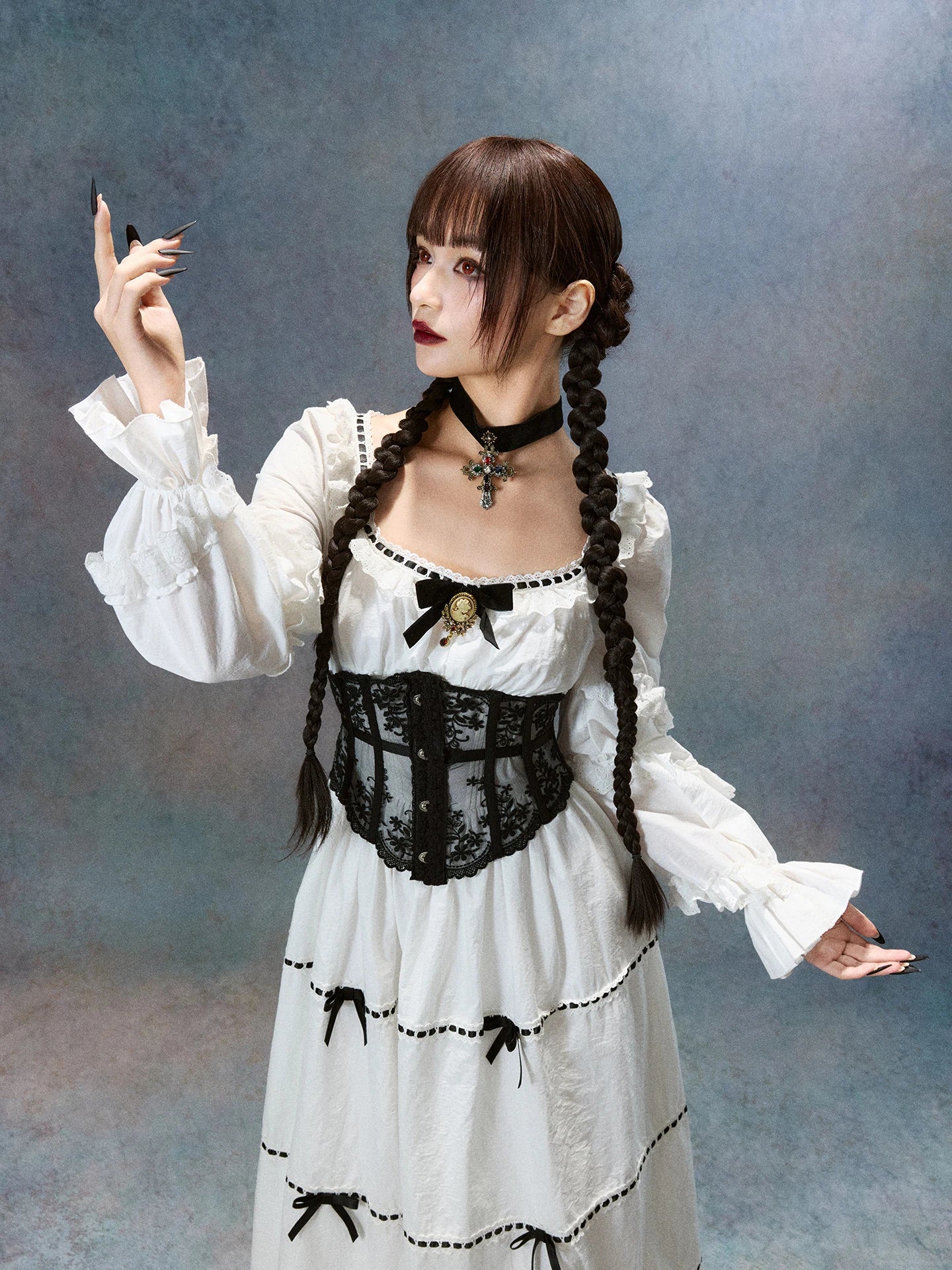 Gothica Parisian Fall White Maxi Dress Women Vintage Elegant Slim Lace Collar Long Sleeve French Halloween Dress