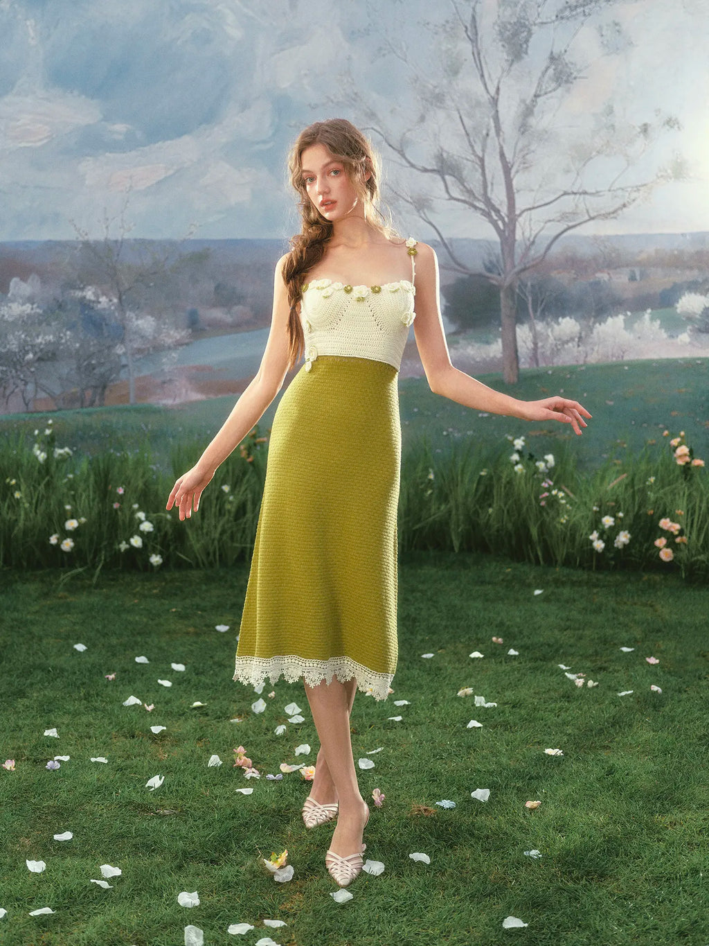 The Garden Princess Crochet Set | Wool Knitted Cardigan & Midi Dress | Handmade Floral Hollow-Out Two-Piece | Parisian Princess