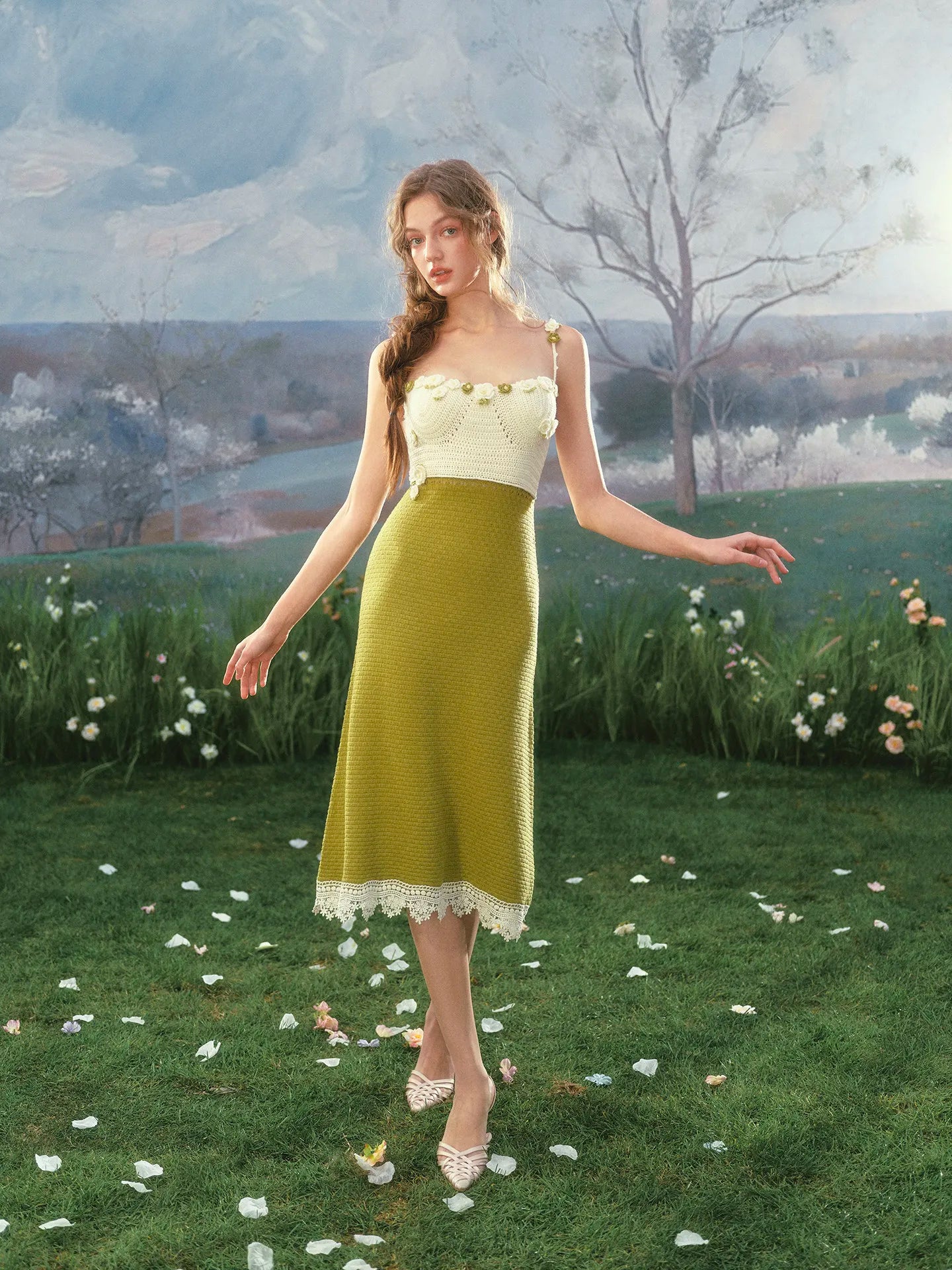 The Garden Princess Crochet Set | Wool Knitted Cardigan & Midi Dress | Handmade Floral Hollow-Out Two-Piece | Parisian Princess