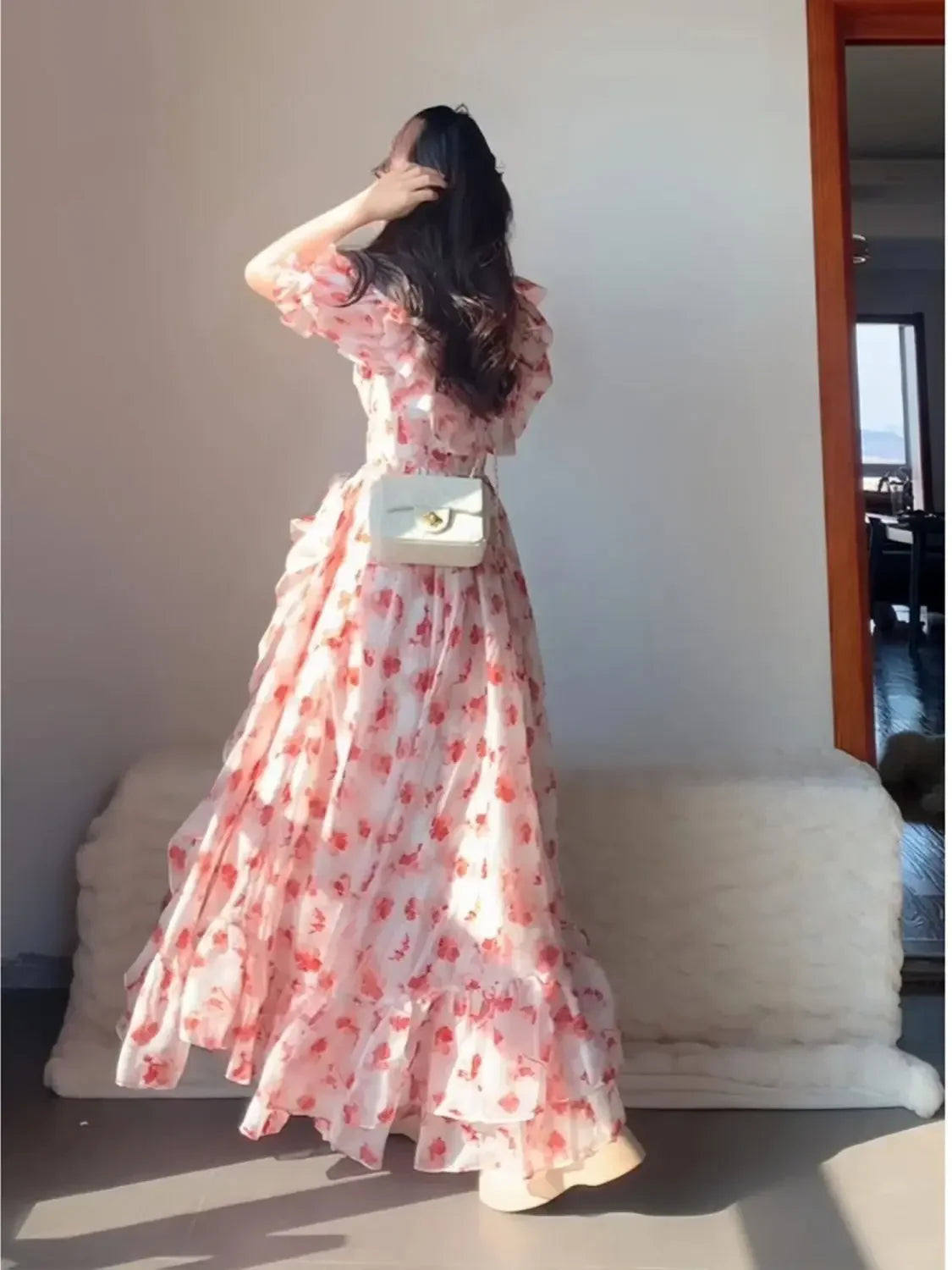 Parisian French Pink Floral Off-shoulder Dress Atmosphere Sense Vacation Style Tea Break Long Skirt Princess Dress