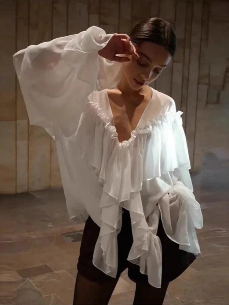 The Éclat Summer Tiered Blouse | French V-Neck Gauze Top | Ethereal Loose Fit Manteau | Parisian Princess