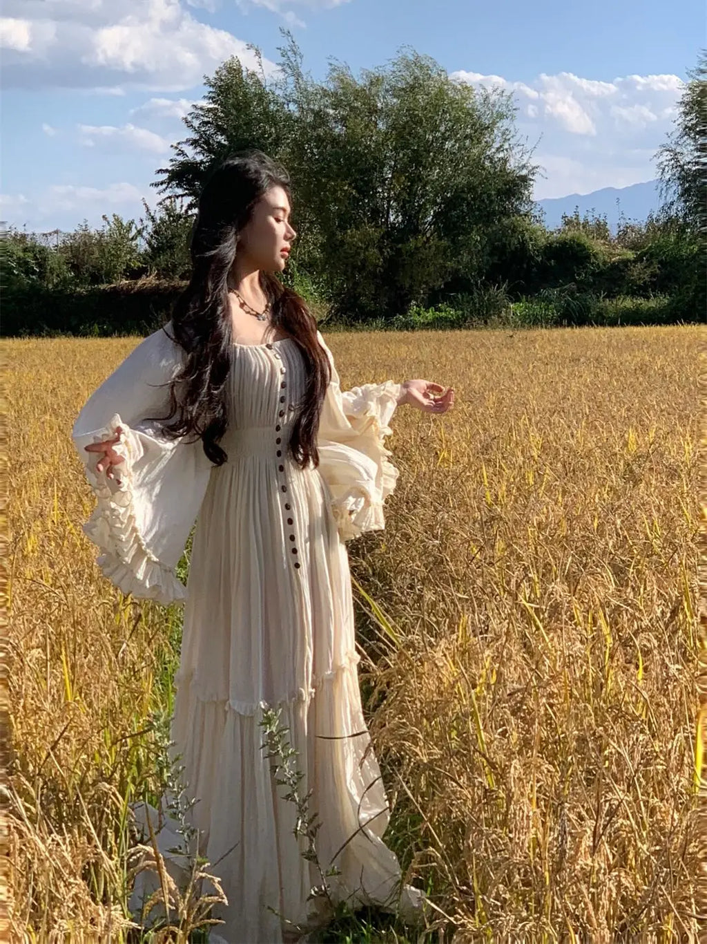The Coalfell Vacation Gown | French Cotton-Linen Apricot Midi | Batwing Sleeve Lace Temperament Dress | Parisian Princess
