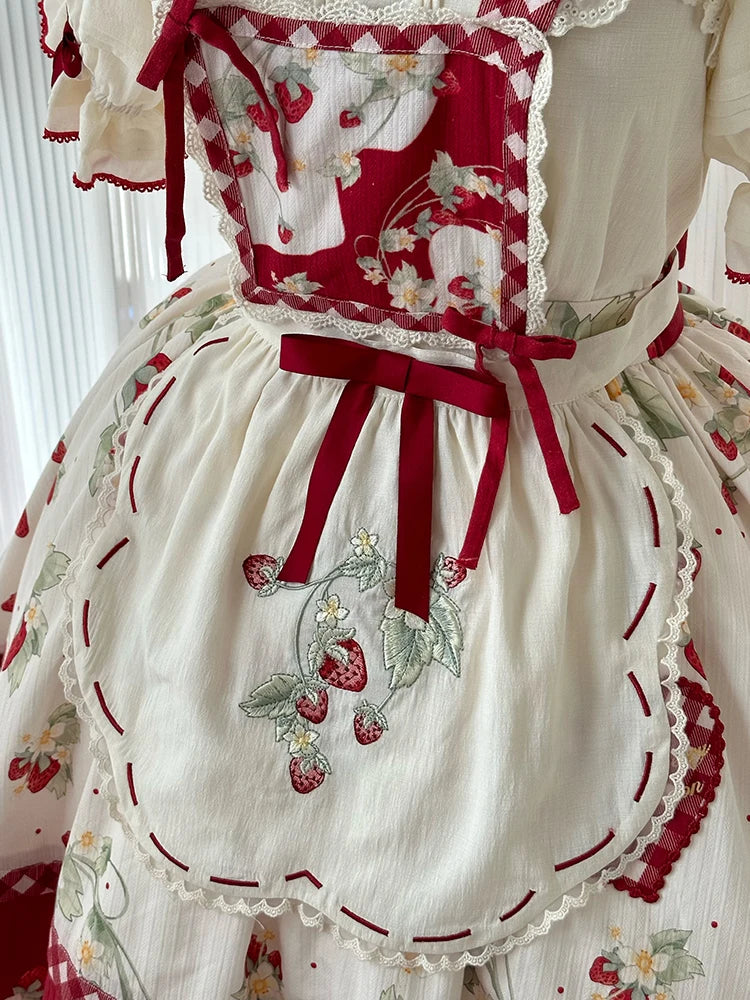 Parisian Cottagecore Original Strawberry Embroidery Cute Apron Soft Girl Sweet Lolita Dress Versatile Apron Women's Y2k Accessories