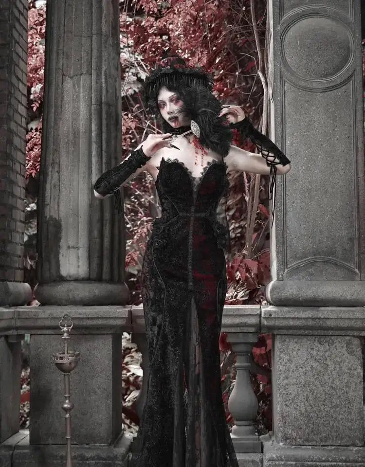 The Scarlet Blood Peak Manteau | French Gothic Dark Heart Velvet Gown | Glitter Mermaid Cosplay Dress | Winter 2024 Atelier Collection