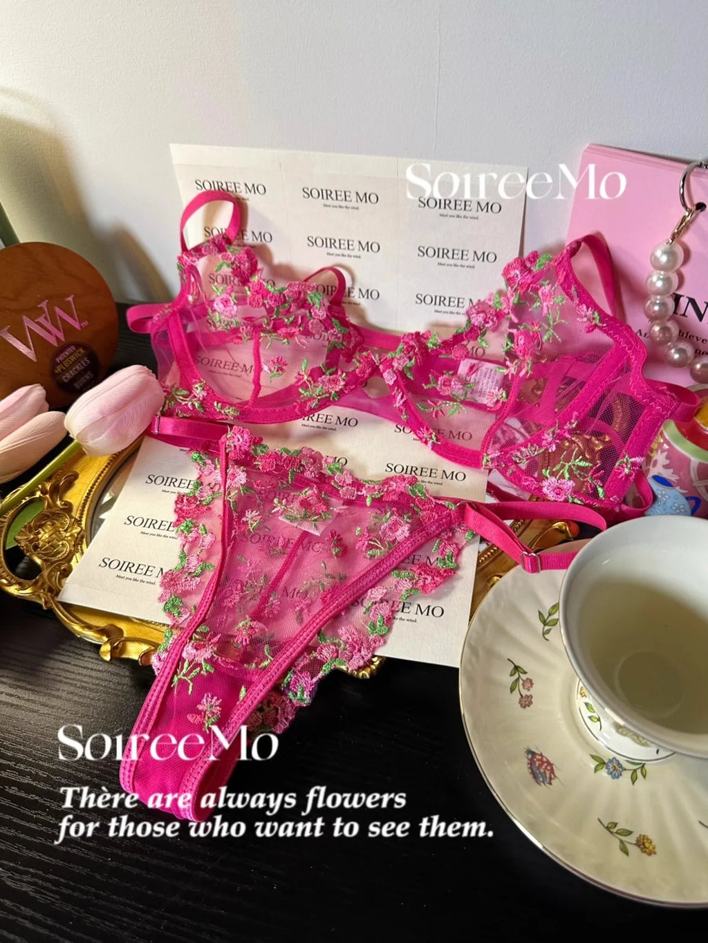 Parisian French Lingerie Set Sheer Tulle, Pink Floral Embroidery Bra Bralette, Sexy Pure Matching Set BANERDANNI Sexy Tushy Bras