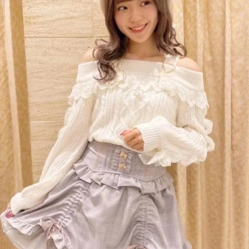 The Trianon Fairy Ribbon Knit | Vintage Sweet Lolita Off-Shoulder Pullover | Cute Lace Ruffle Bow Sweater | Parisian Princess