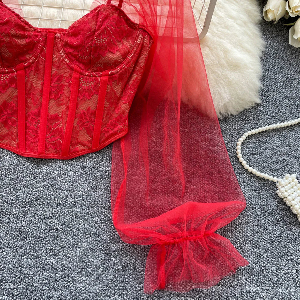 Women Chic Lace Mesh Sheer  Long Sleeve Backless Crop Top Solid Slim Parisian French Fashion Summer Women Shirt Square Collar