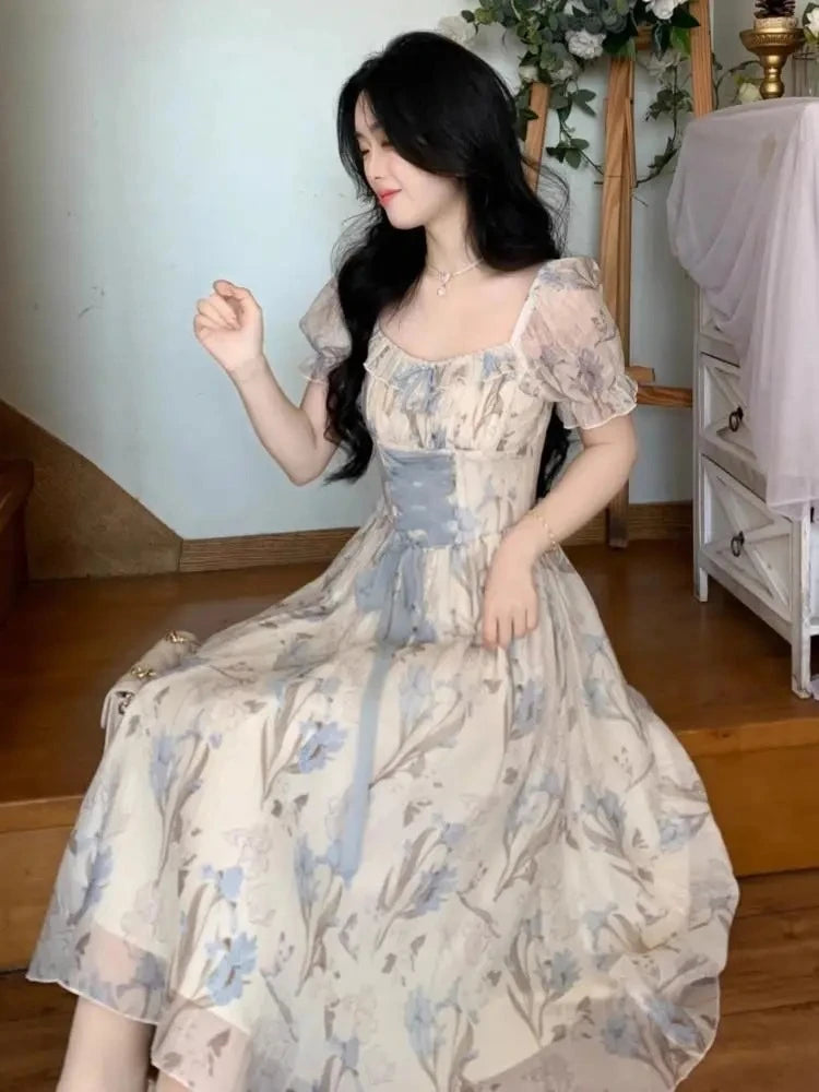 The Trianon Fairy Midi | Parisian Lace Puff Sleeve Princess Gown | Summer Fairycore A-Line Party Dress | Parisian Princess
