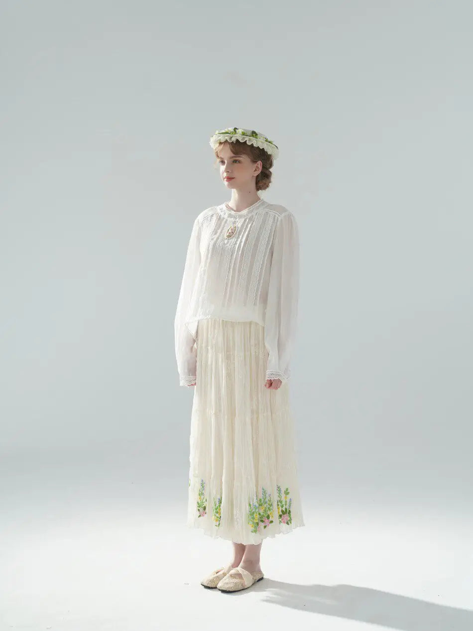 The Palais Rose Ramie Blouse | 100% Ramie Thin White Blouse | French Vintage Handmade 3D Rose Embroidered O-Neck Loose Top | Parisian Princess