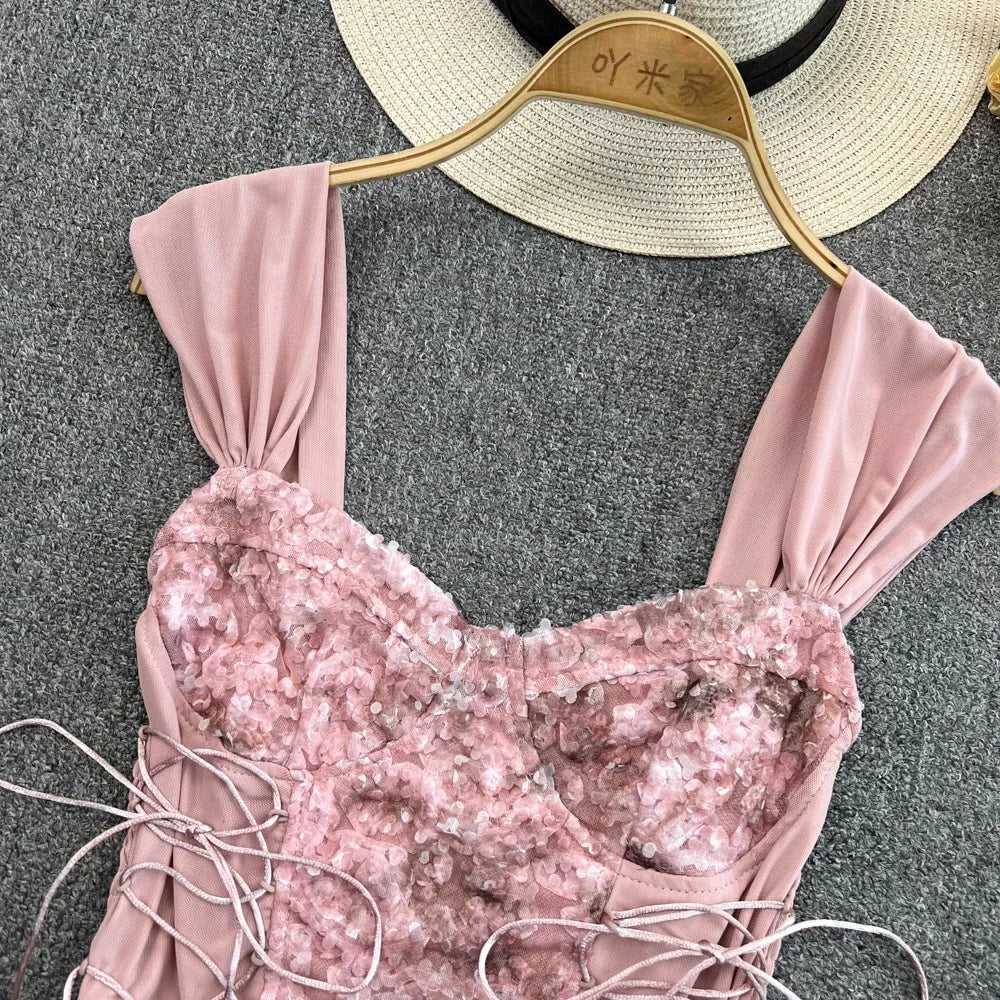 Flower Lace Tank Top Fish Bone Crop Design Inner Strap French Tube Tops Y2k Cute Pink Corset Summer Wear