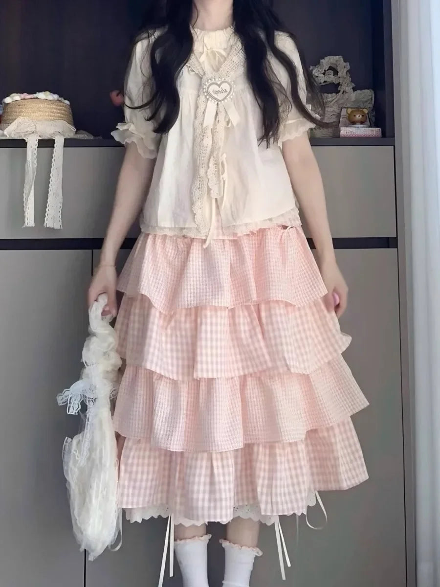 Cute Sweet Sister Classic Parisian Outfit Women's Plaid Ribbon Tied Shirt And Knee-Length Cake Skirt Two-Piece Set