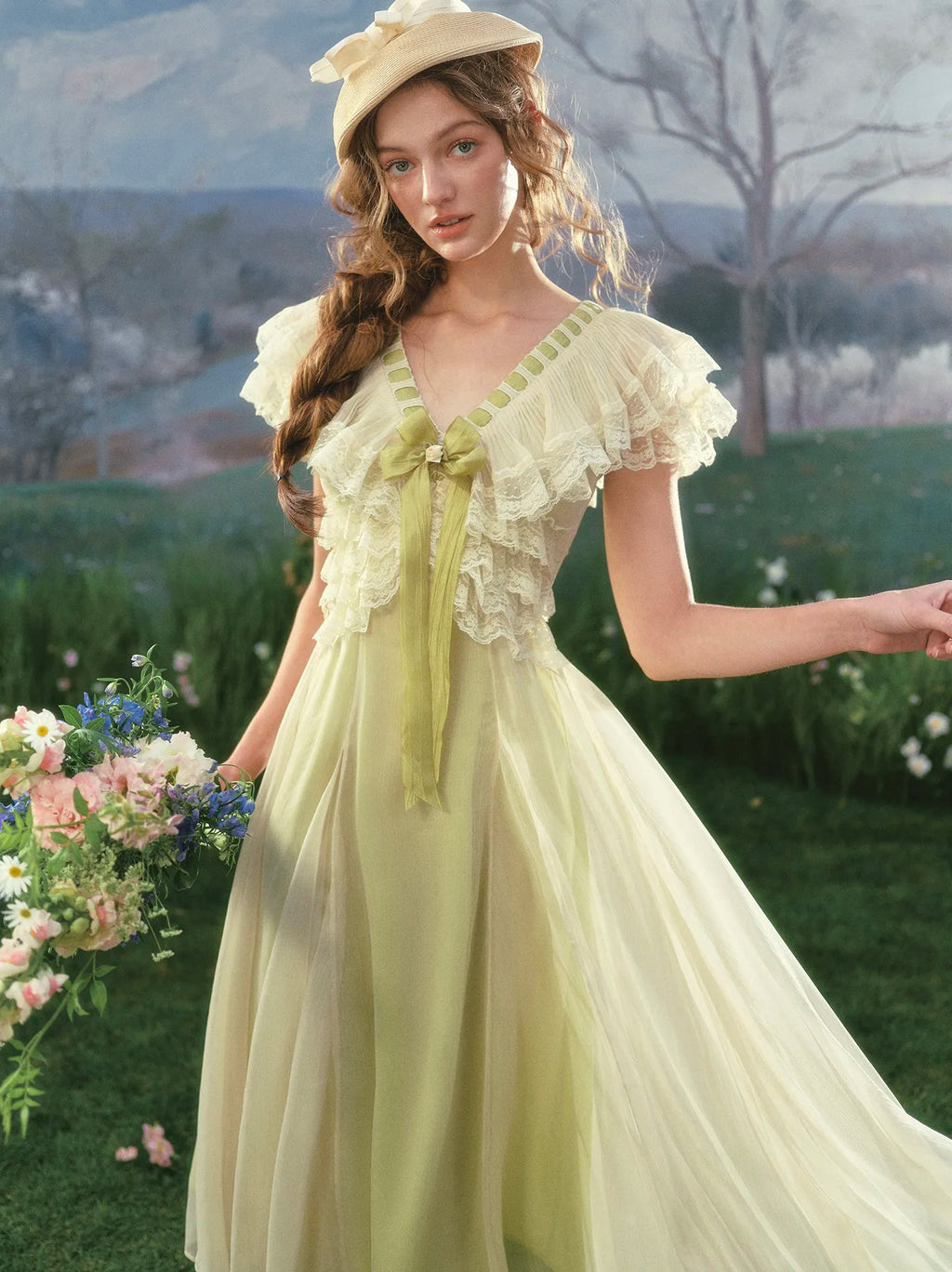 The Spring Meadow Butterfly Lace Gown | French Pastoral V-Neck Midi | Empire Waist Princess Dress | Parisian Princess