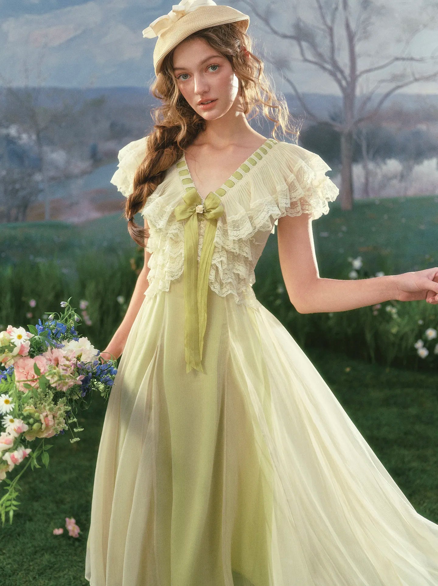 The Spring Meadow Butterfly Lace Gown | French Pastoral V-Neck Midi | Empire Waist Princess Dress | Parisian Princess
