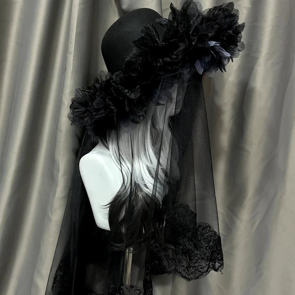 The Parisian Wizard Gown Hat | Handmade Lace Vintage Bandage Bow Cap | Gothic Lolita Campaniform Cosplay Accessory | Parisian Princess