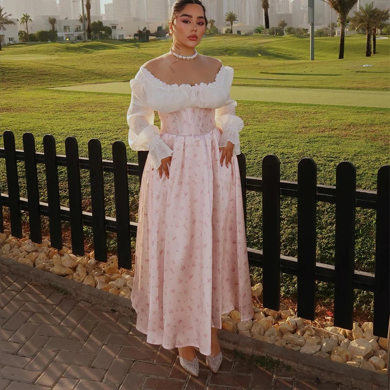 Elegant Sweet Pink Floral Print Princess Dress Off-shoulder Long Sleeve Ankle Length Prom Gown 2025 NEW Patchwork Fishbone Dress