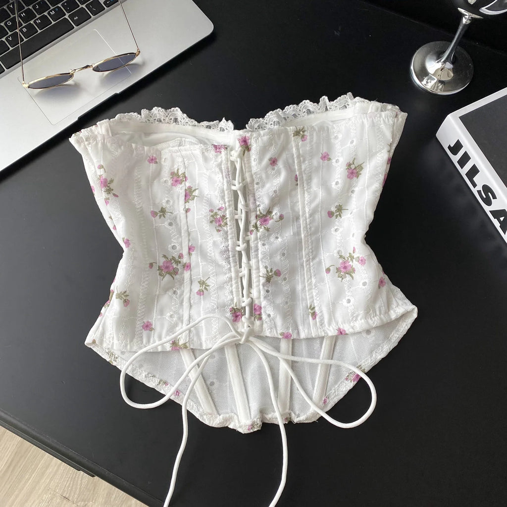 The Trianon Embroidered Corset | French Sweet Floral Lingerie Top | Hollow Out Backless Bandage Camisole | Parisian Princess