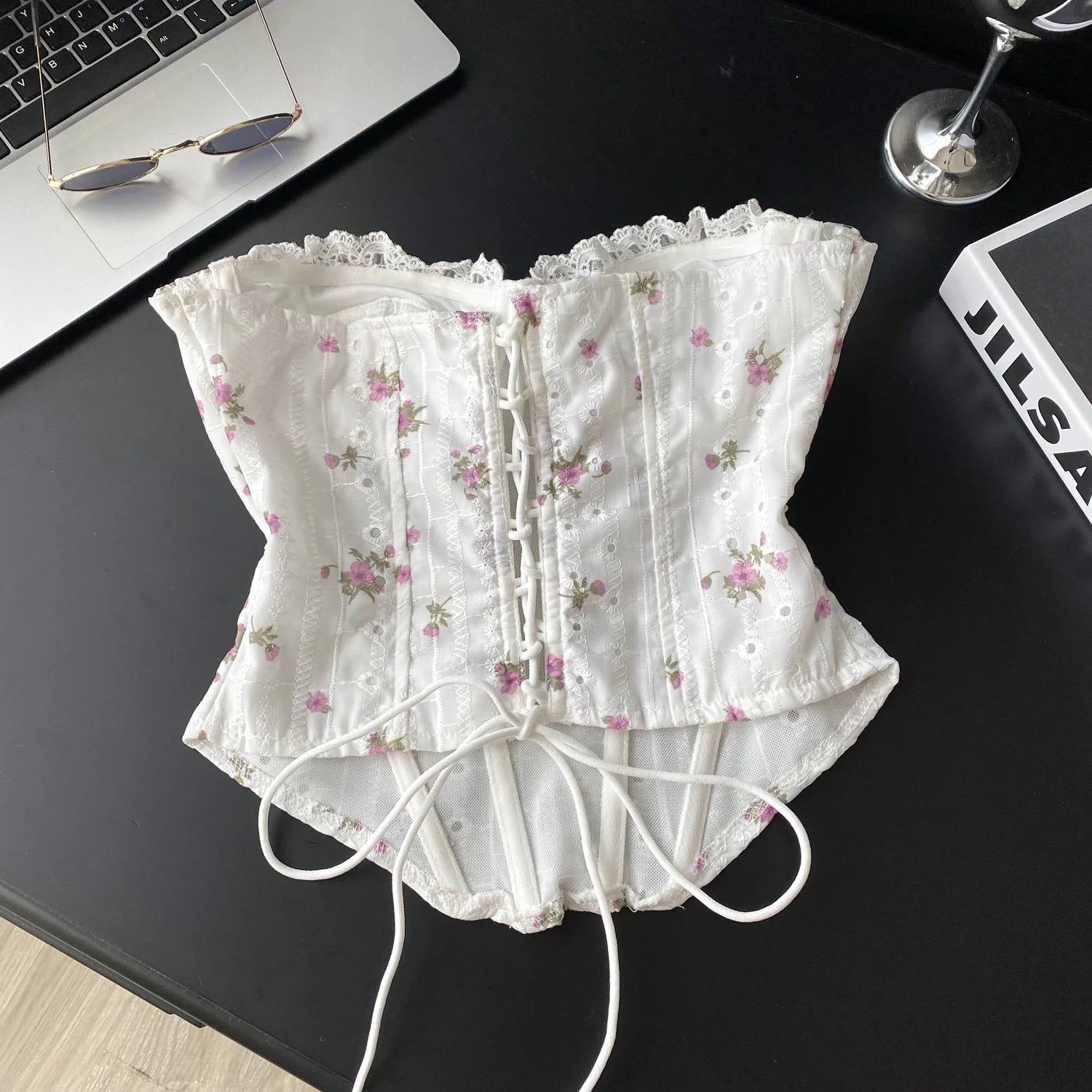 The Trianon Embroidered Corset | French Sweet Floral Lingerie Top | Hollow Out Backless Bandage Camisole | Parisian Princess