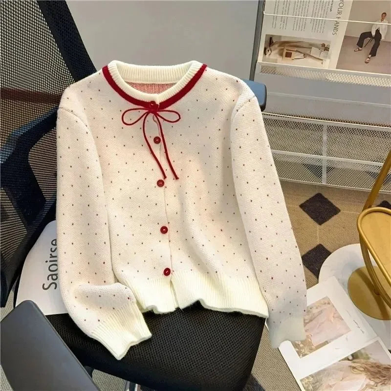 Red Polka Dot Short Knitted Sweater Coat Women's Spring Design Sense Self-Preserving Style Full Sleeve round Neck Top