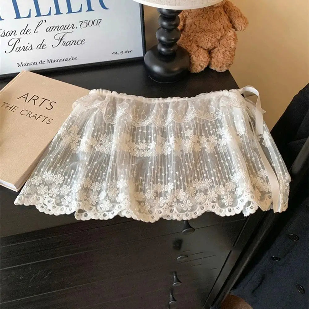 Lace Mini Skirts Women Elegant Sweet Lolita Short Skirts High Waist Ruffle Skirts Lace Trim Butt Curtain Skirt